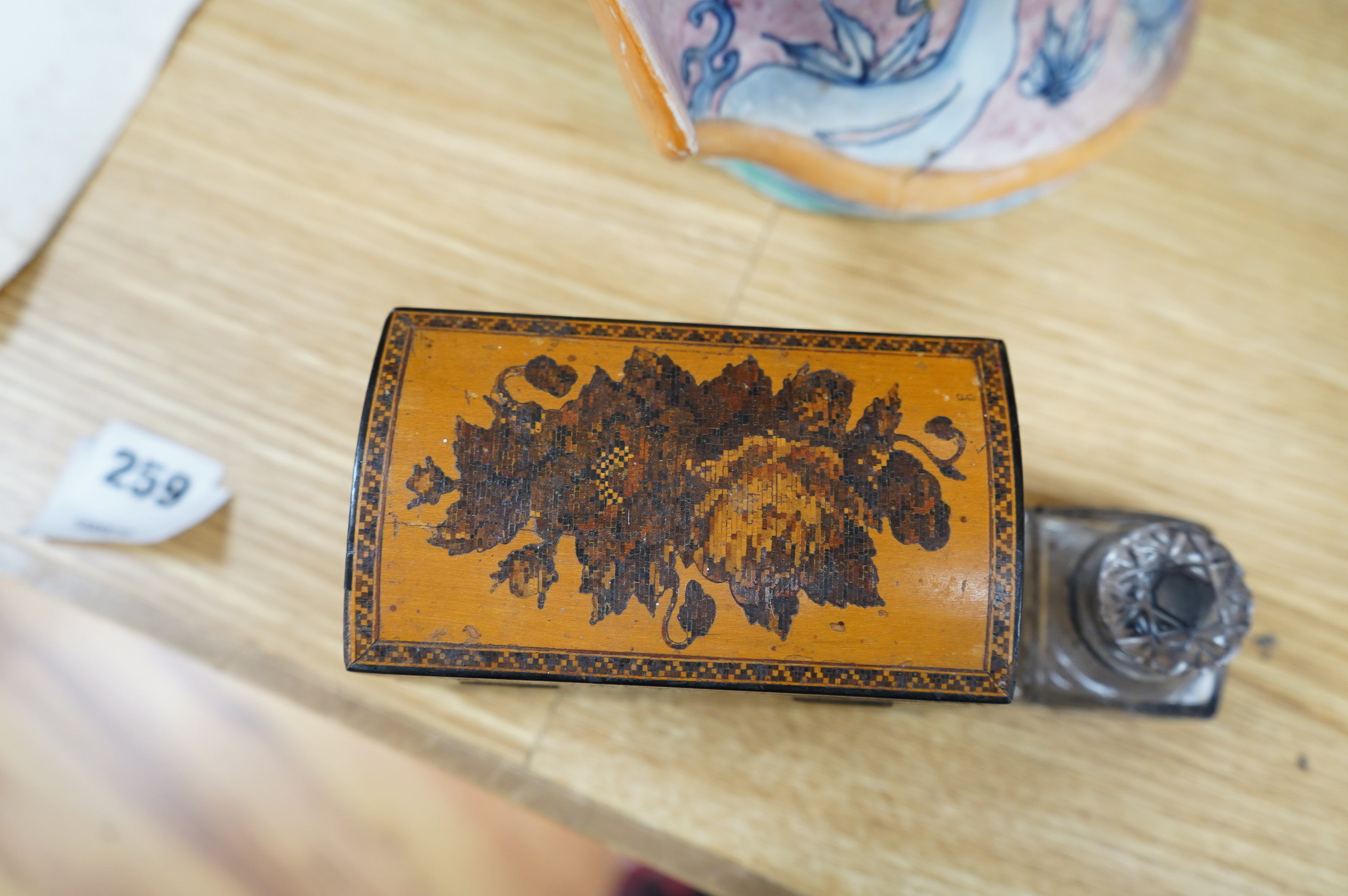 A Victorian Tunbridgeware dome-topped scent casket and a Tunbridgeware tea caddy, 23cm wide. Condition - fair